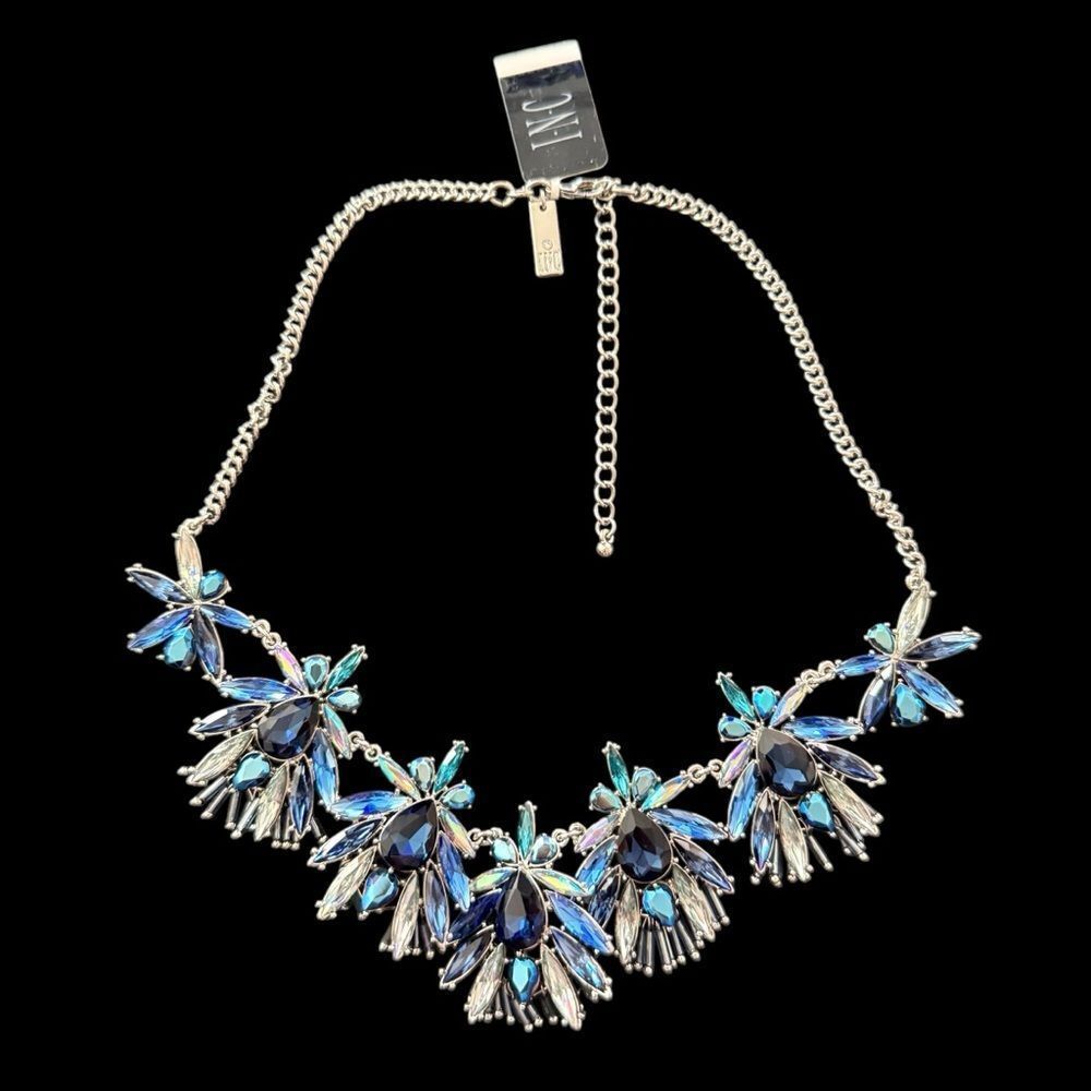 INC International Concept Blue Crystal Floral Statement Necklace NWT Silver Tone